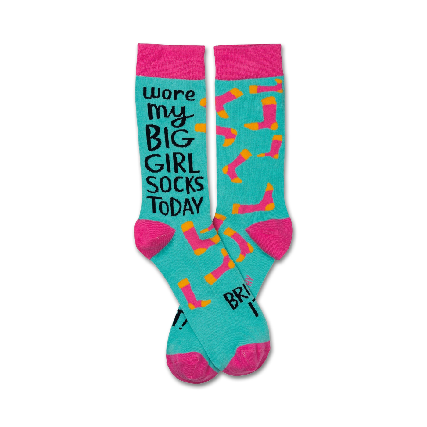 Pair of teal crew socks with hot pink cuffs.  Features a playful saying and orange/pink sock-shaped designs.