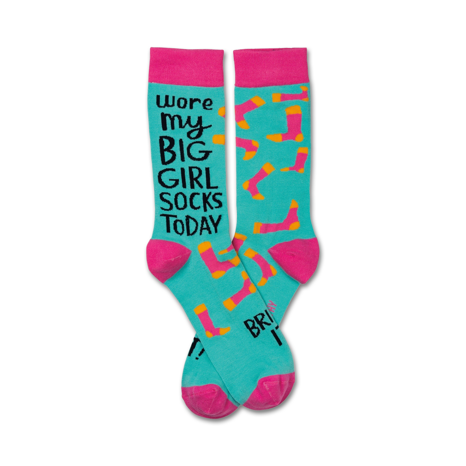 Pair of teal crew socks with hot pink cuffs.  Features a playful saying and orange/pink sock-shaped designs.