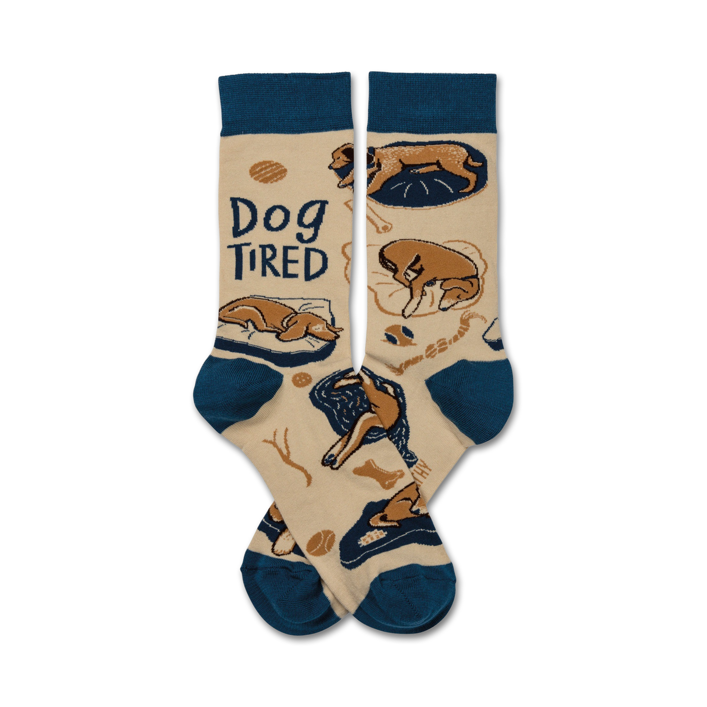 Cream crew socks with teal cuffs, featuring brown dogs sleeping and playing, and the phrase 'Dog Tired'.