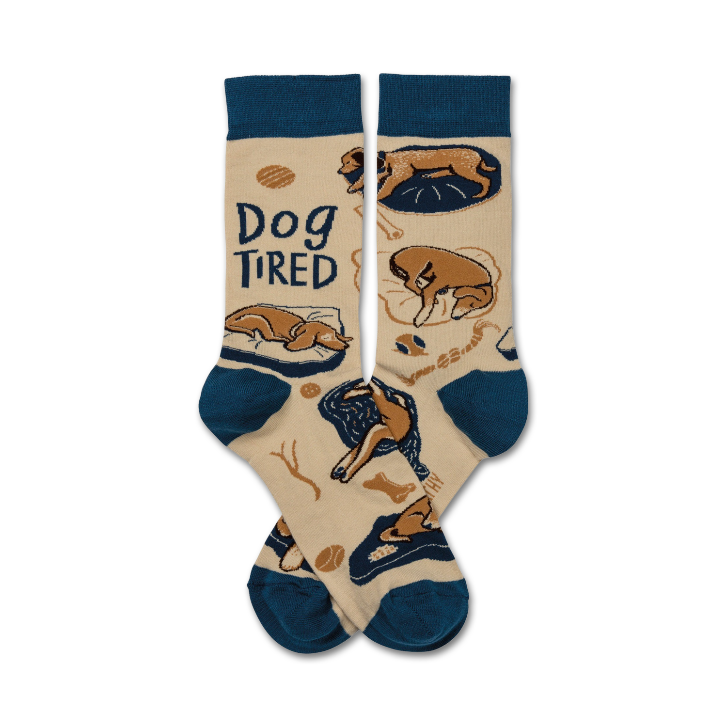 Cream crew socks with teal cuffs, featuring brown dogs sleeping and playing, and the phrase 'Dog Tired'.