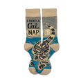 Crew socks in teal, beige, and gray featuring a curled-up cat and the text 'I need a cat nap'.