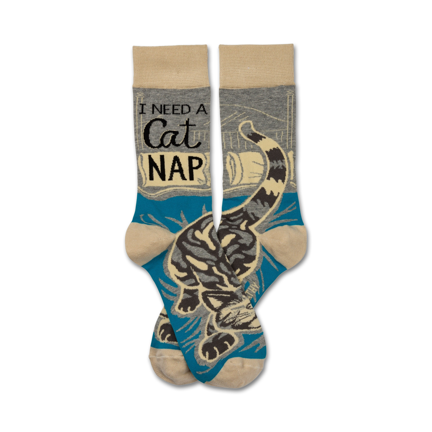 Crew socks in teal, beige, and gray featuring a curled-up cat and the text 'I need a cat nap'.