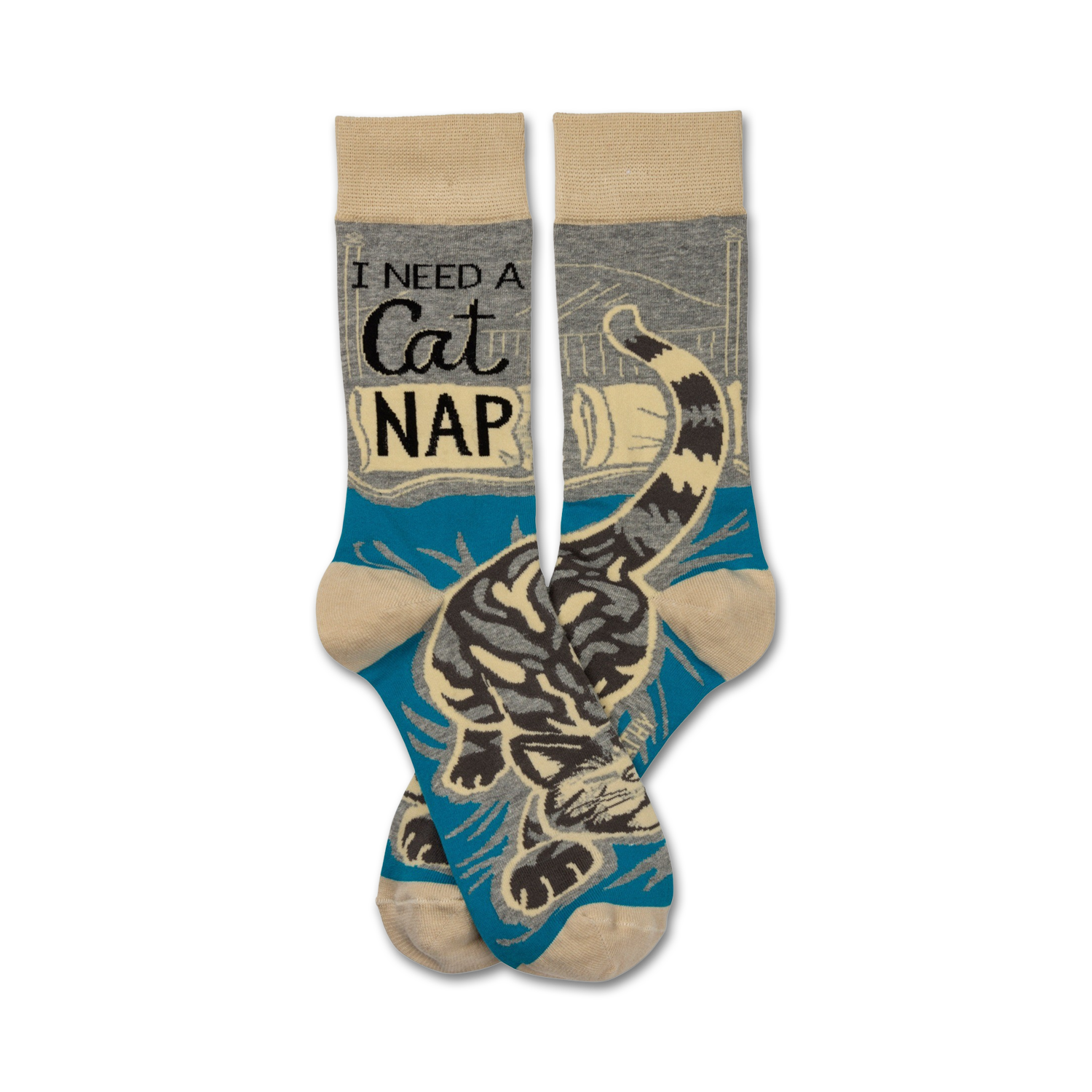 Crew socks in teal, beige, and gray featuring a curled-up cat and the text 'I need a cat nap'.