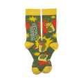 Crew socks, olive green with yellow cuffs.  Design features exploding cans labeled 'Kick Ass!' and the phrase 'I'm gonna open a can of Kick Ass!'