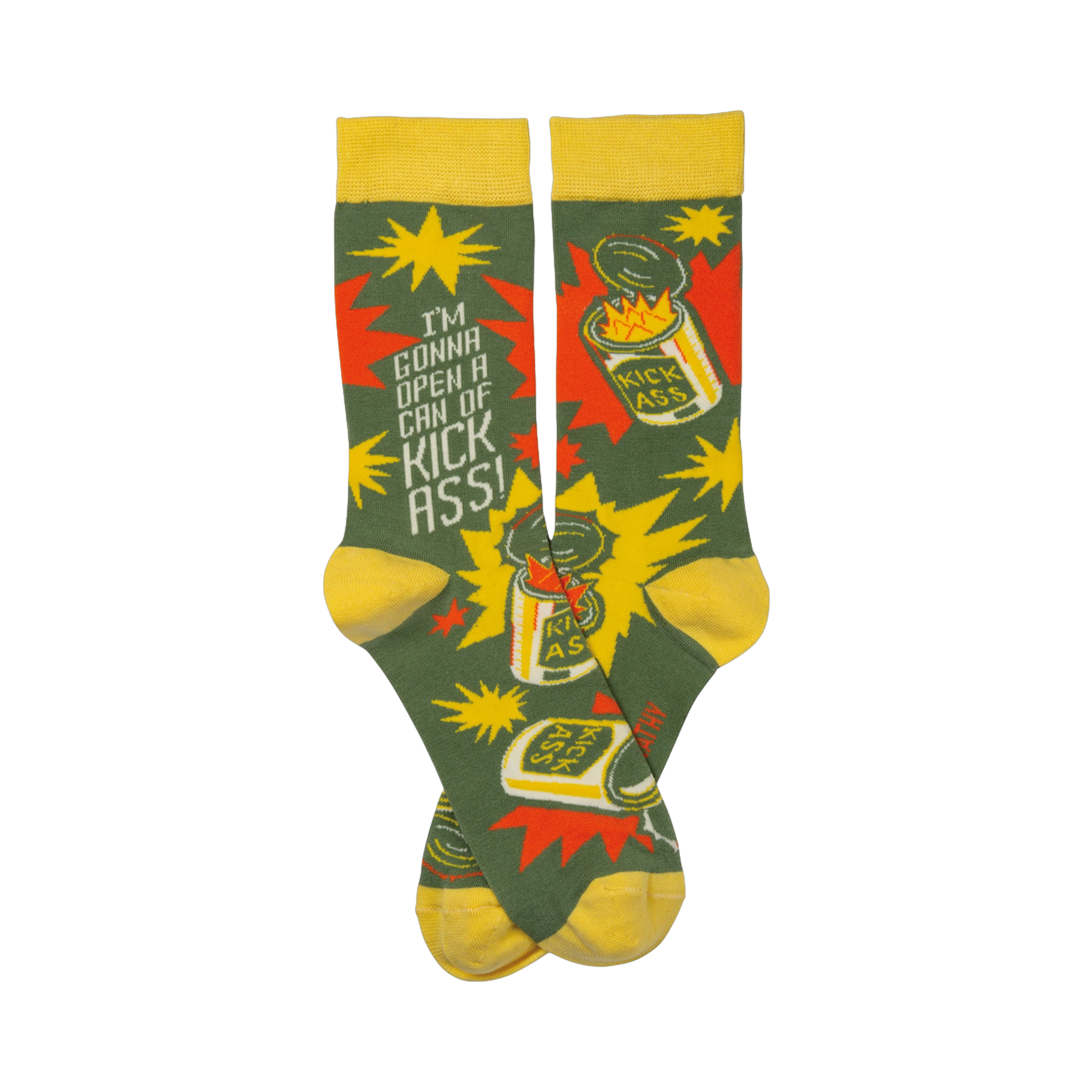 Crew socks, olive green with yellow cuffs.  Design features exploding cans labeled 'Kick Ass!' and the phrase 'I'm gonna open a can of Kick Ass!'