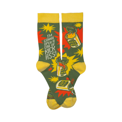 Crew socks, olive green with yellow cuffs.  Design features exploding cans labeled 'Kick Ass!' and the phrase 'I'm gonna open a can of Kick Ass!'