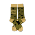 Pair of olive green crew socks with black dog illustrations and the text 'Never Fish Alone' in cream.  Features a playful design.