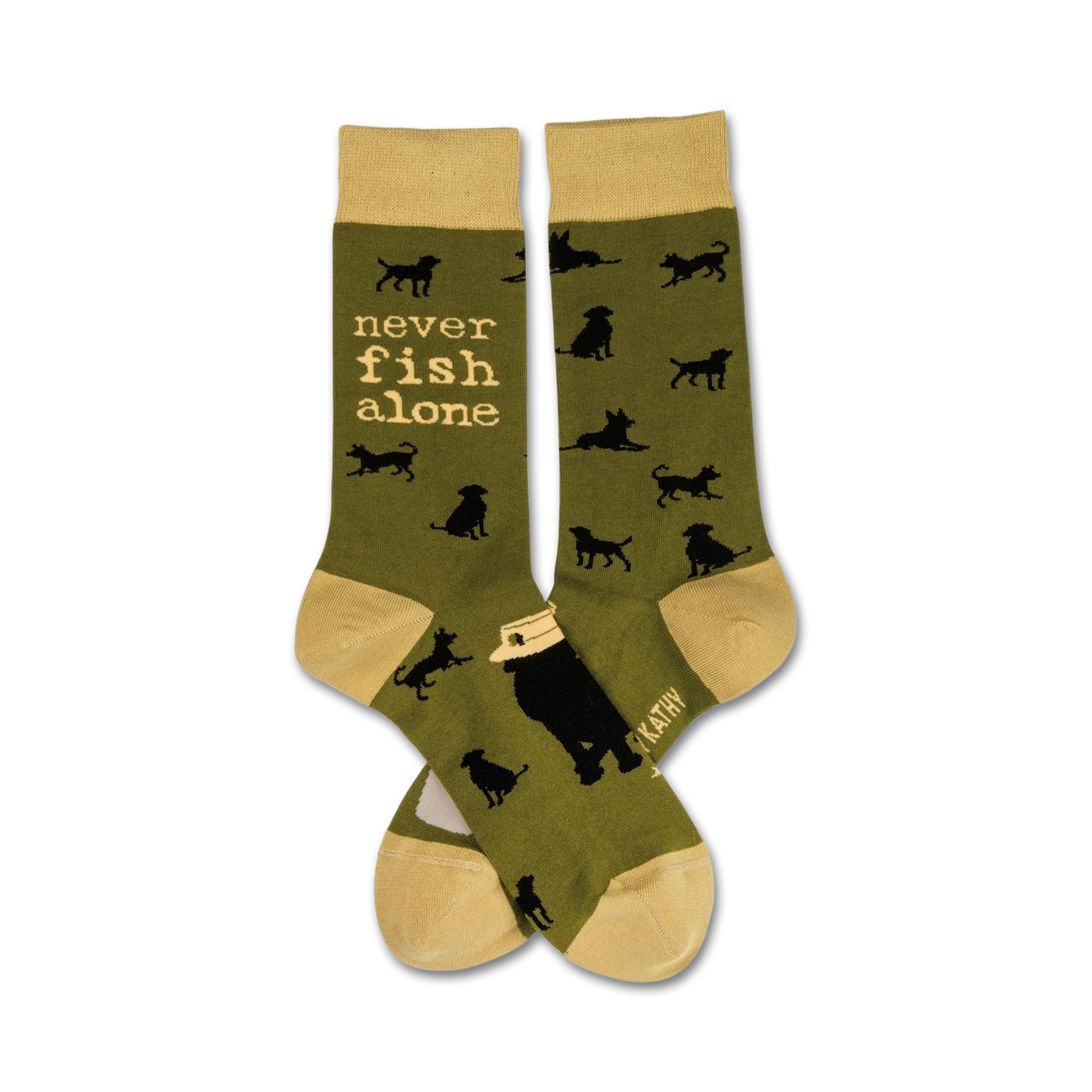 Pair of olive green crew socks with black dog illustrations and the text 'Never Fish Alone' in cream.  Features a playful design.