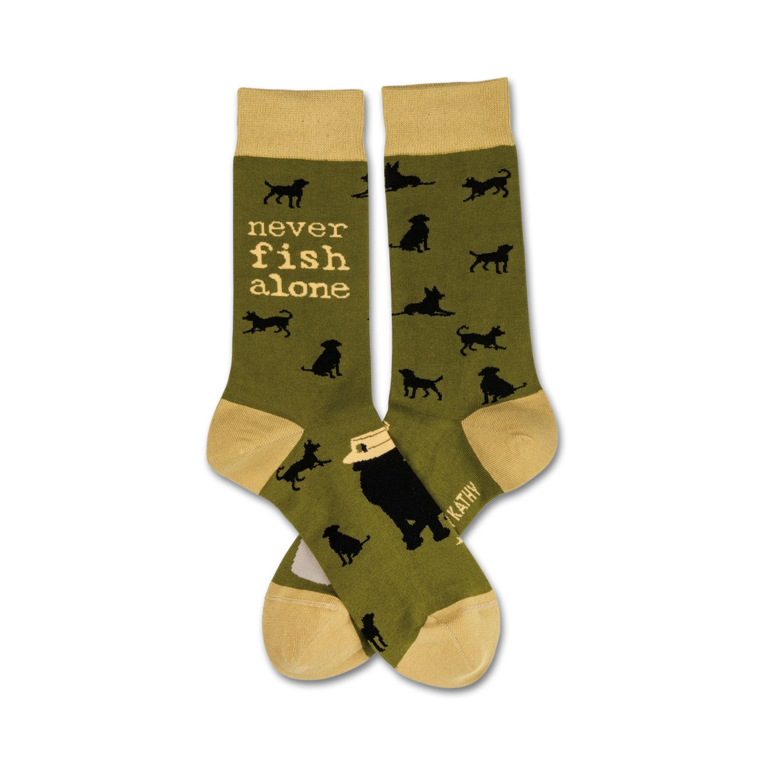 Pair of olive green crew socks with black dog illustrations and the text 'Never Fish Alone' in cream.  Features a playful design.