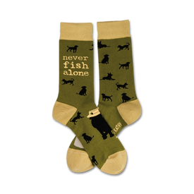 mens crew socks in olive green with black and yellow details featuring a pattern of black dogs and the words "never fish alone"   