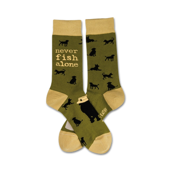 mens crew socks in olive green with black and yellow details featuring a pattern of black dogs and the words "never fish alone"   