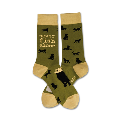 mens crew socks in olive green with black and yellow details featuring a pattern of black dogs and the words "never fish alone"   