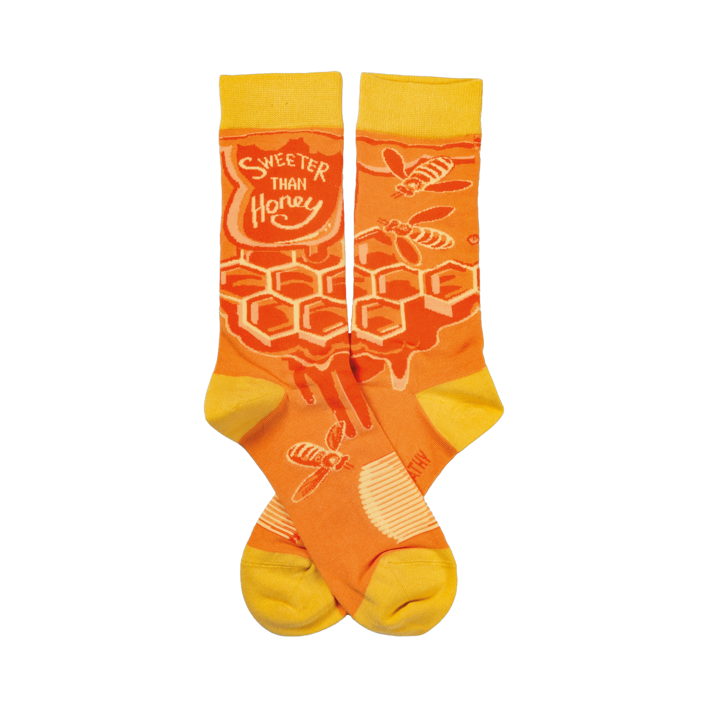 Crew socks in orange and yellow. Feature a honeycomb pattern, dripping honey, and bees. Text reads 'Sweeter Than Honey'.