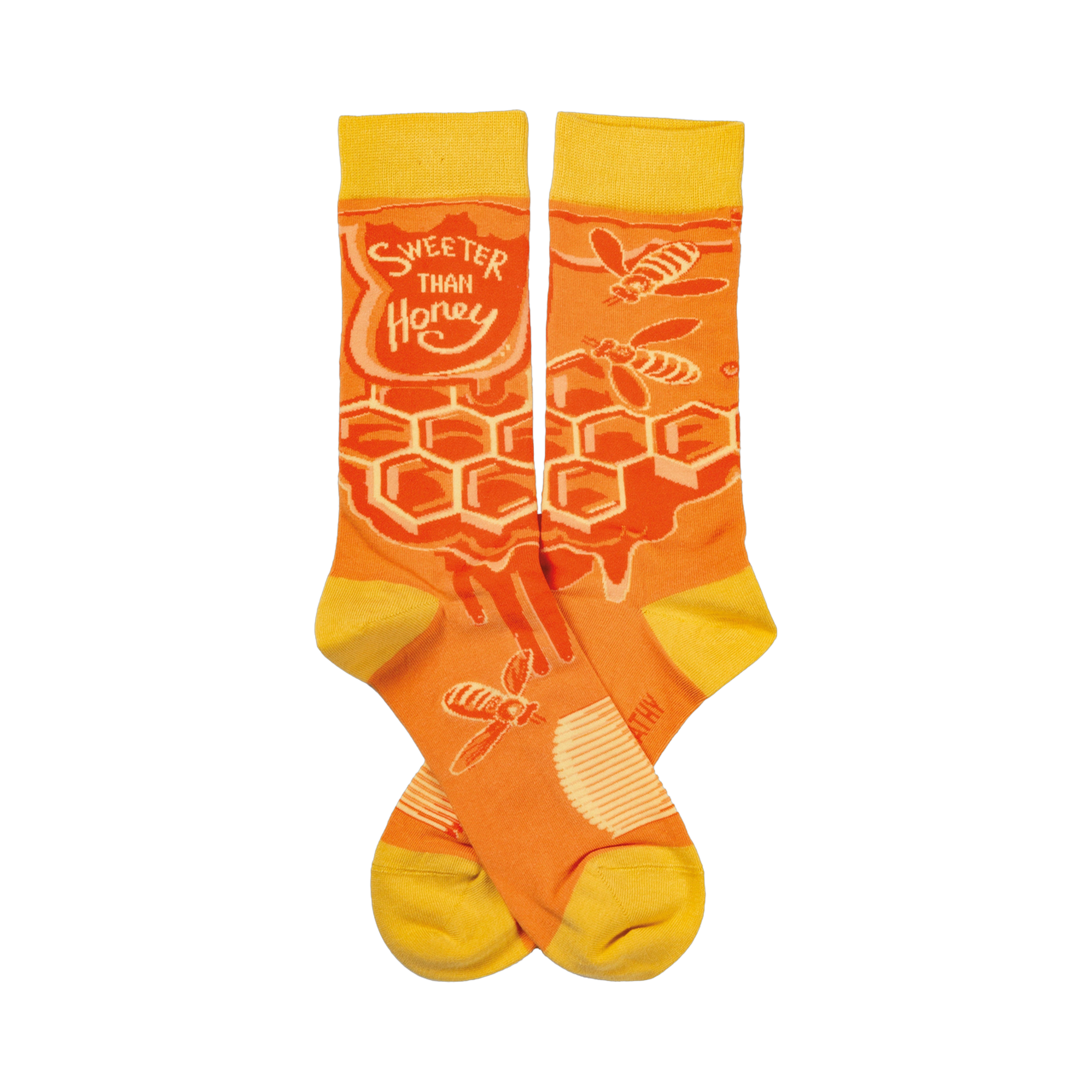 Crew socks in orange and yellow. Feature a honeycomb pattern, dripping honey, and bees. Text reads 'Sweeter Than Honey'.