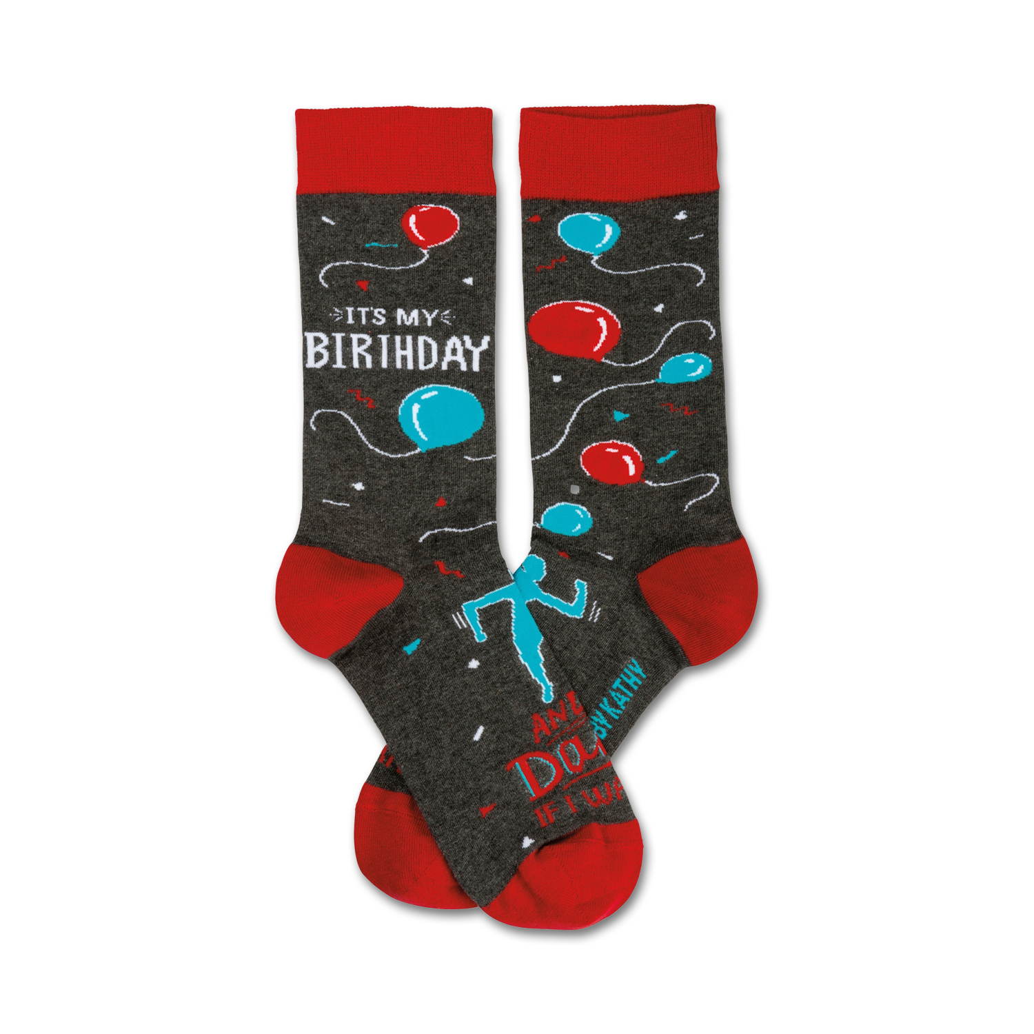 A pair of crew socks in grey with red cuffs. The socks feature teal and red balloons, a dancing figure, and the text 'It's My Birthday'.