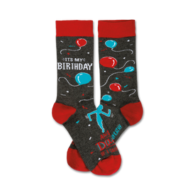 gray crew socks with red toes, heels, cuffs, and words "it's my birthday".  