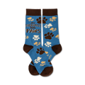 Pair of crew socks in blue with brown and beige paw prints. Text reads: 'My Therapist Has Paws'.