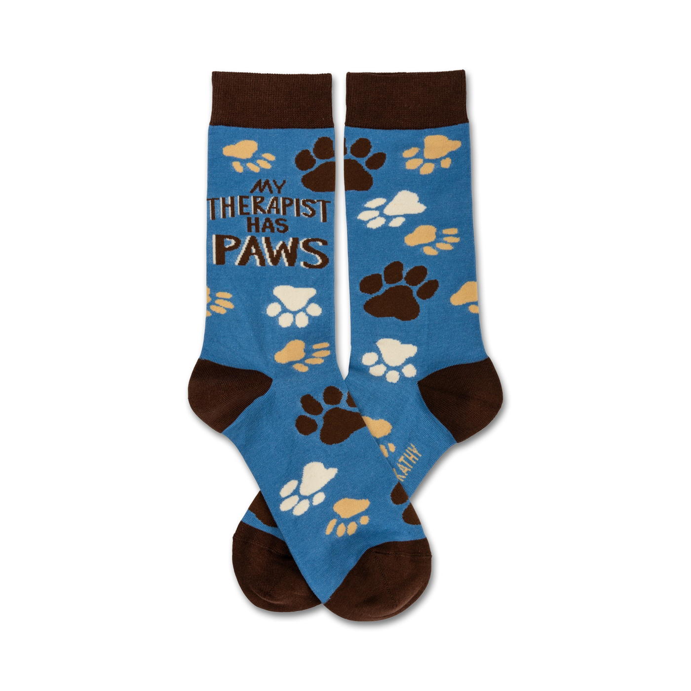 Pair of crew socks in blue with brown and beige paw prints. Text reads: 'My Therapist Has Paws'.