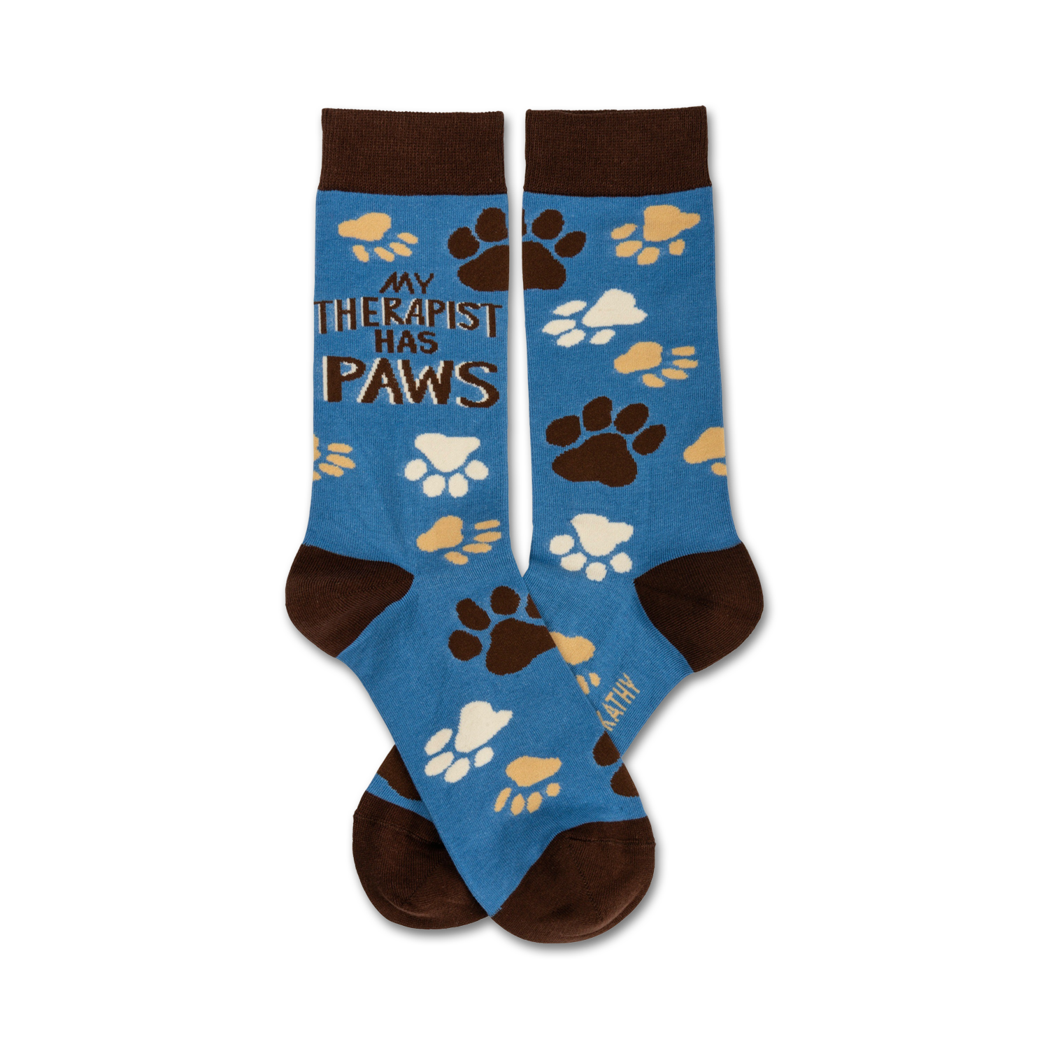 Pair of crew socks in blue with brown and beige paw prints. Text reads: 'My Therapist Has Paws'.