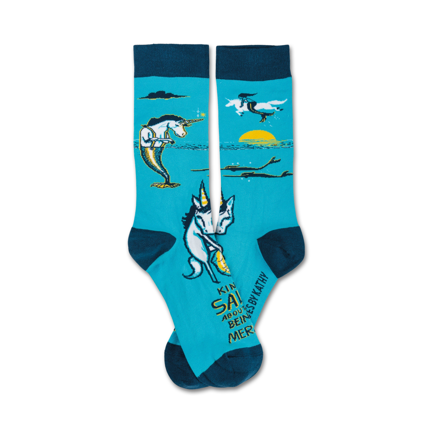 Crew socks in teal featuring illustrations of unicorns, mermaids, and ocean scenes. Text reads 'Kinda Salty'.