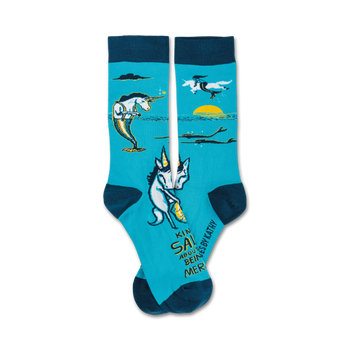blue crew socks with unicorns and mermaids swimming in the ocean. text reads kinda' salty and kinda pissed about not being a mermaid.   