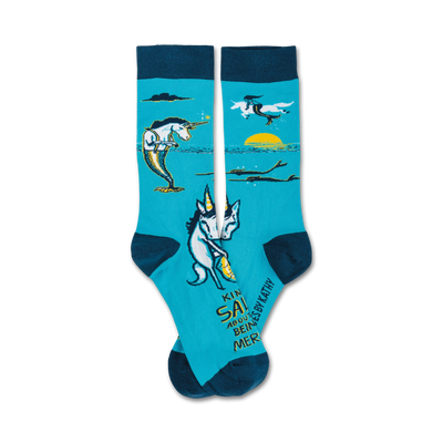 blue crew socks with unicorns and mermaids swimming in the ocean. text reads kinda' salty and kinda pissed about not being a mermaid.   