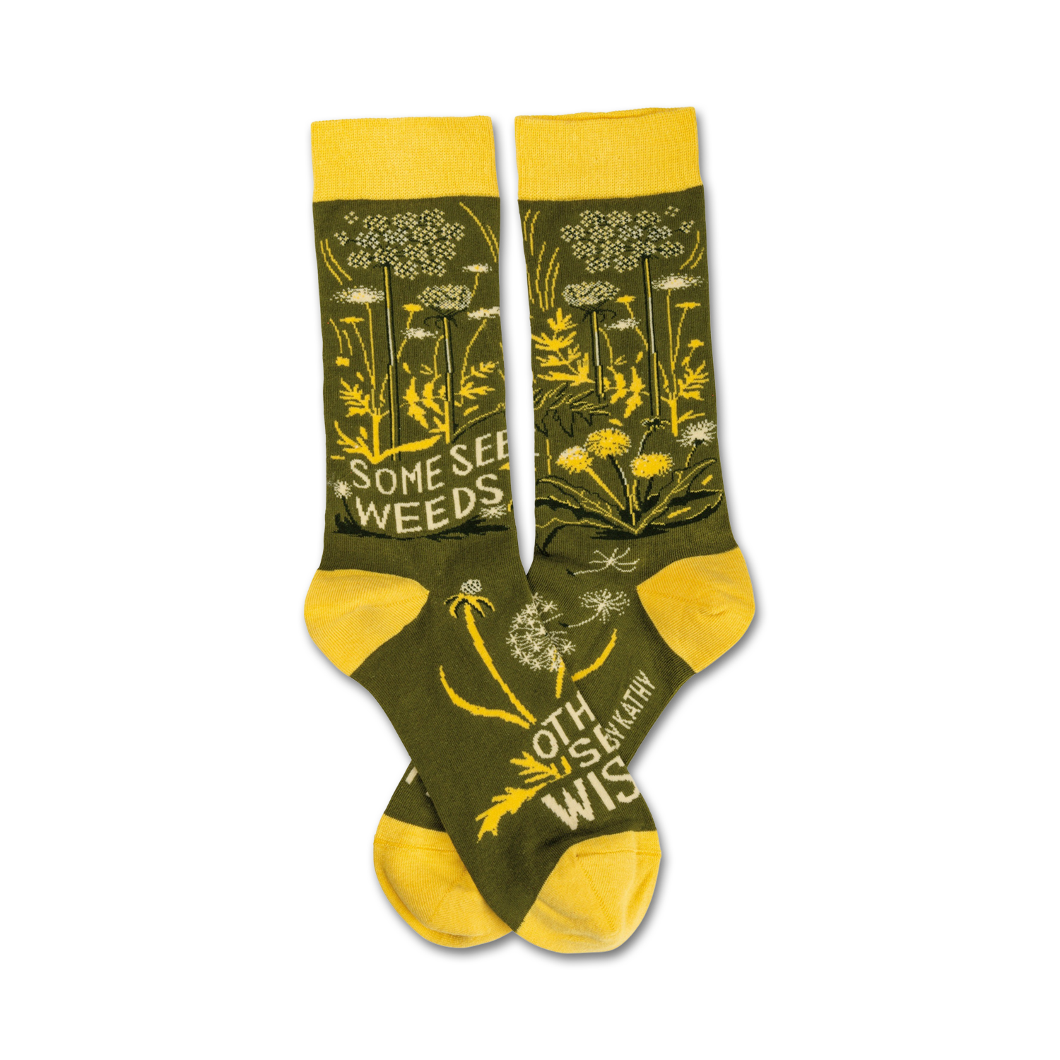 Pair of olive green crew socks with yellow accents. Features a dandelion and wildflower design and the text 'Some See Weeds'.