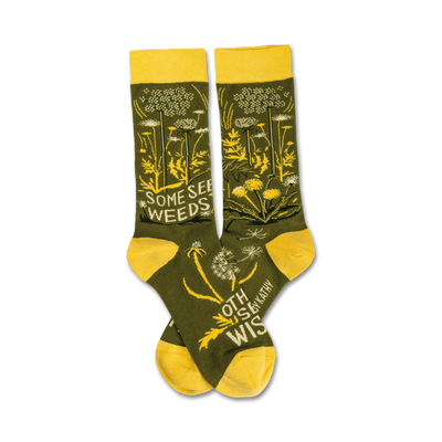 inspirational dandelion emoji socks. "some see weeds, others see wishes". great for emoji and inspirational quote sock lovers.   