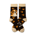 Brown crew socks with an orange Beagle illustration and orange paw prints. Text reads 'I Love My Beagle'.