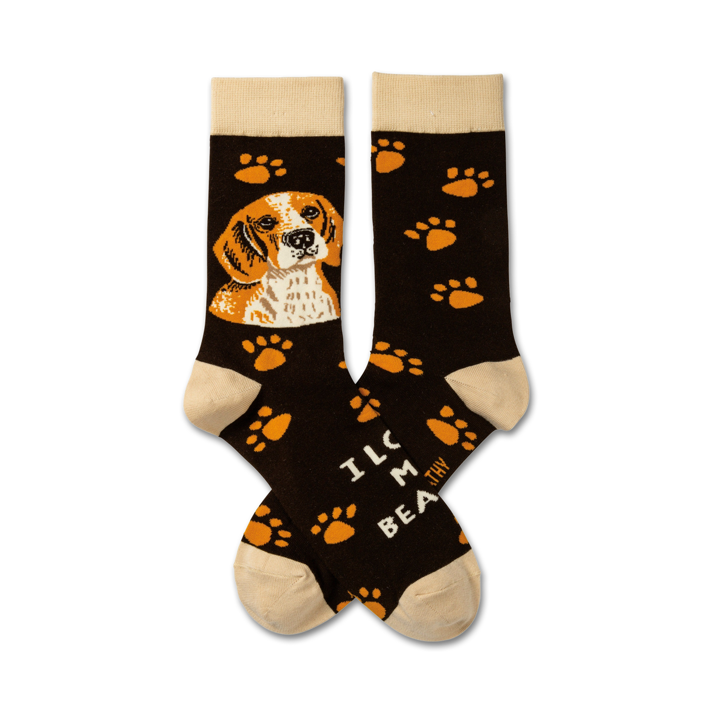 Brown crew socks with an orange Beagle illustration and orange paw prints. Text reads 'I Love My Beagle'.