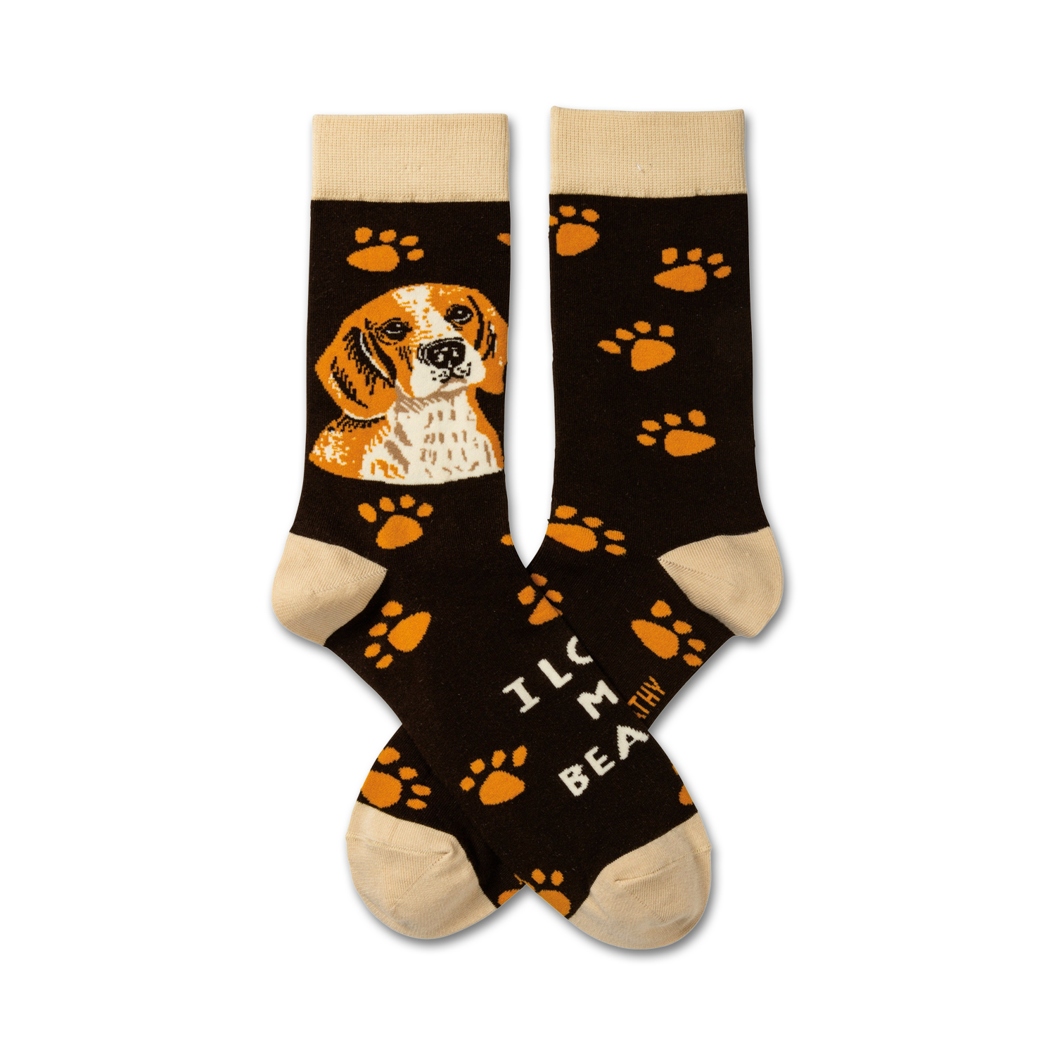 Brown crew socks with an orange Beagle illustration and orange paw prints. Text reads 'I Love My Beagle'.
