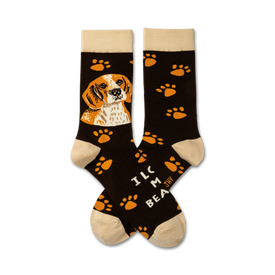 black dog paw print crew socks expressing love for beagles.    