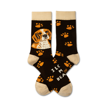 Brown crew socks with an orange Beagle illustration and orange paw prints. Text reads 'I Love My Beagle'.