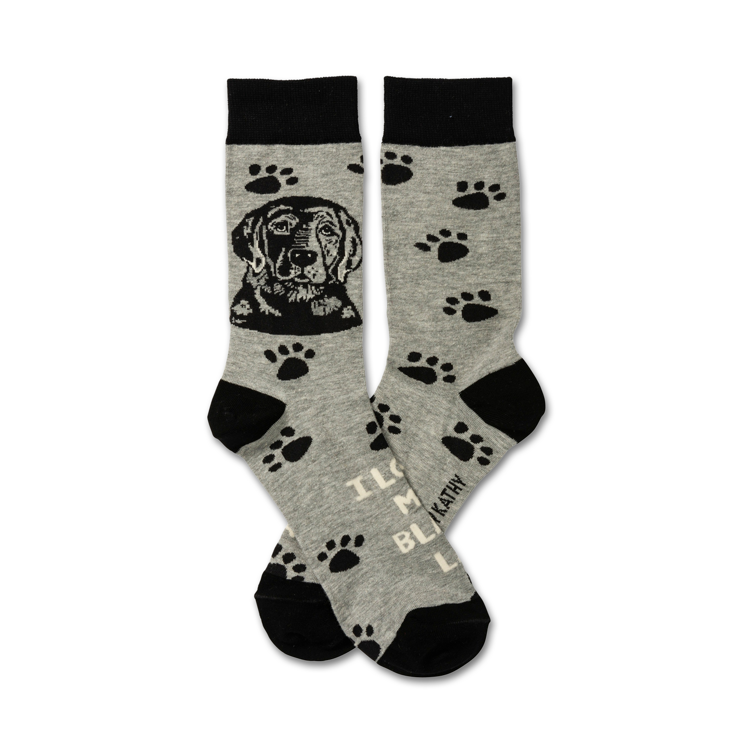 Crew socks in grey and black, featuring a black lab portrait and paw print design.  Text reads 'I love my Black Lab'.
