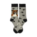 A pair of grey crew socks with a brown Boxer dog image and paw print pattern. The text 'I love my Boxer' is visible.
