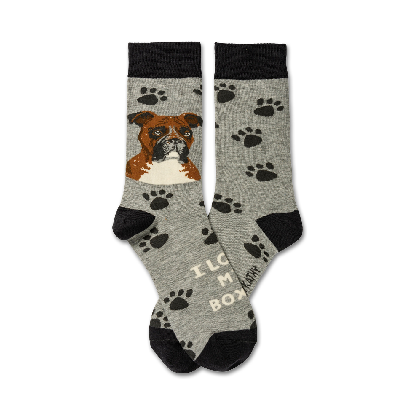 A pair of grey crew socks with a brown Boxer dog image and paw print pattern. The text 'I love my Boxer' is visible.