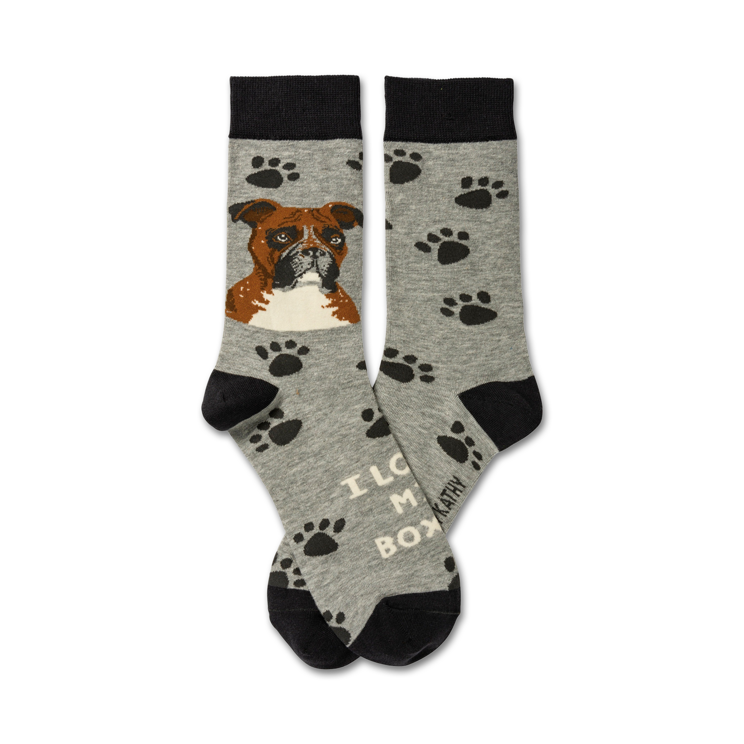 A pair of grey crew socks with a brown Boxer dog image and paw print pattern. The text 'I love my Boxer' is visible.