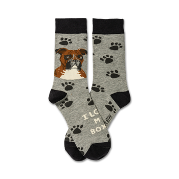 gray crew socks with black paw prints and a brown boxer dog face surrounded by the words "i love my boxer".  