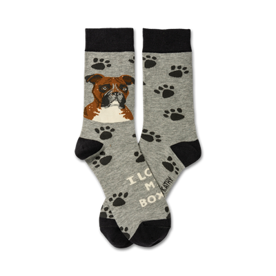 gray crew socks with black paw prints and a brown boxer dog face surrounded by the words "i love my boxer".  