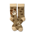 Pair of taupe crew socks with a brown bulldog face and brown paw prints.  Text reads 'I Love My Bulldog'.