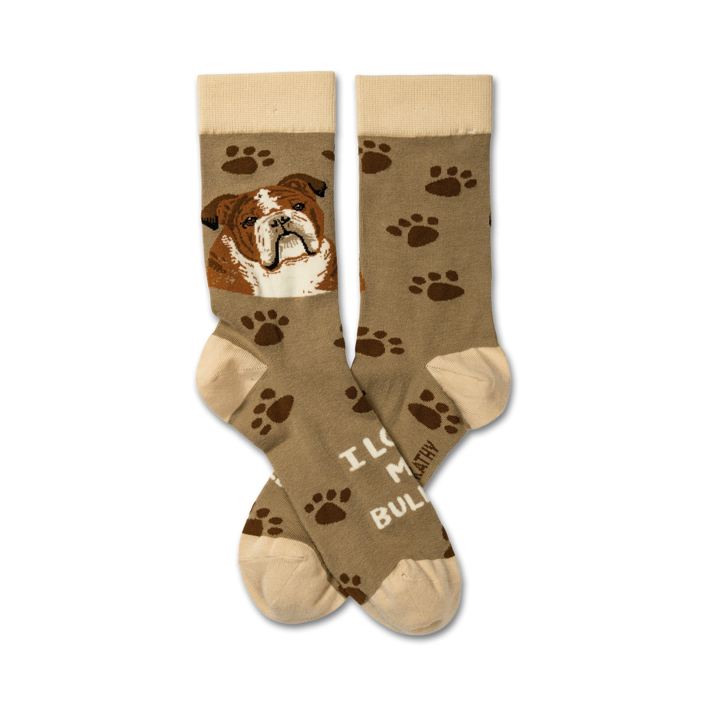 Pair of taupe crew socks with a brown bulldog face and brown paw prints.  Text reads 'I Love My Bulldog'.