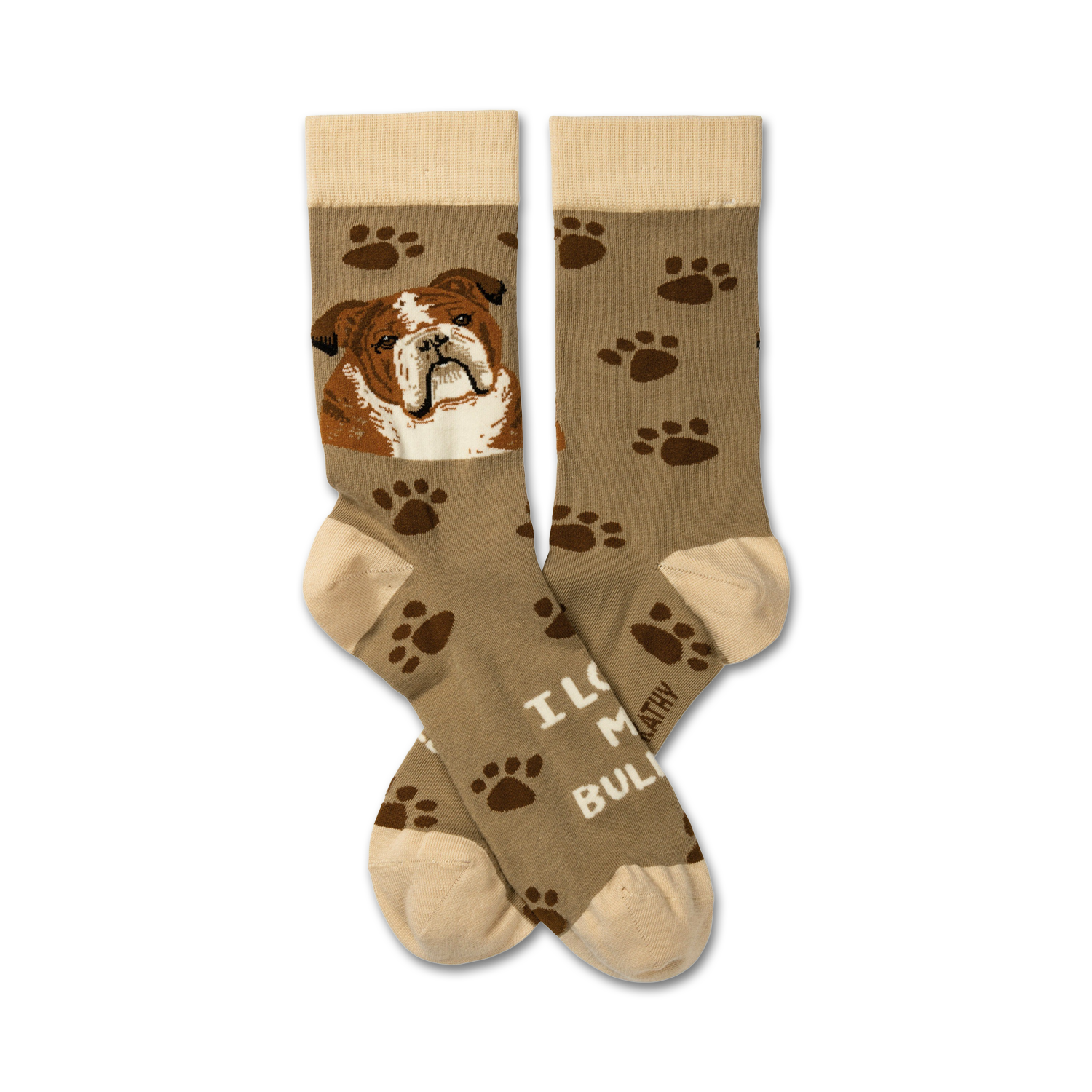 Pair of taupe crew socks with a brown bulldog face and brown paw prints.  Text reads 'I Love My Bulldog'.