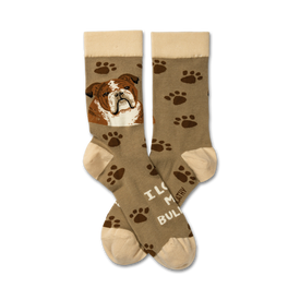 unisex brown "i love my bulldog" crew socks with beige paw prints and a photo of a bulldog.  