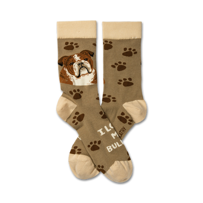 unisex brown "i love my bulldog" crew socks with beige paw prints and a photo of a bulldog.  