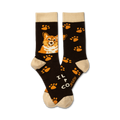 Pair of crew socks in dark brown with an orange corgi face and orange paw prints.  Text reads 'I Love My Corgi'.