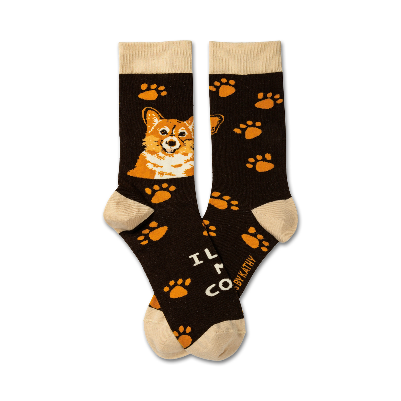 Pair of crew socks in dark brown with an orange corgi face and orange paw prints.  Text reads 'I Love My Corgi'.