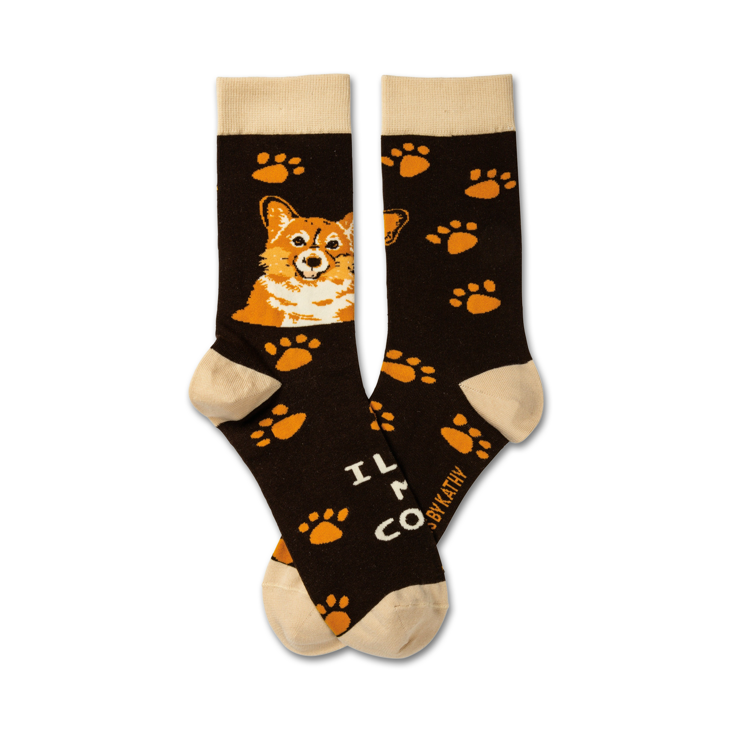 Pair of crew socks in dark brown with an orange corgi face and orange paw prints.  Text reads 'I Love My Corgi'.