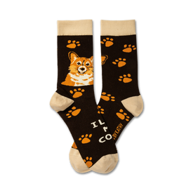 unisex crew socks featuring a paw print pattern, the words "i love my corgi," and a cream-colored band at the top.   