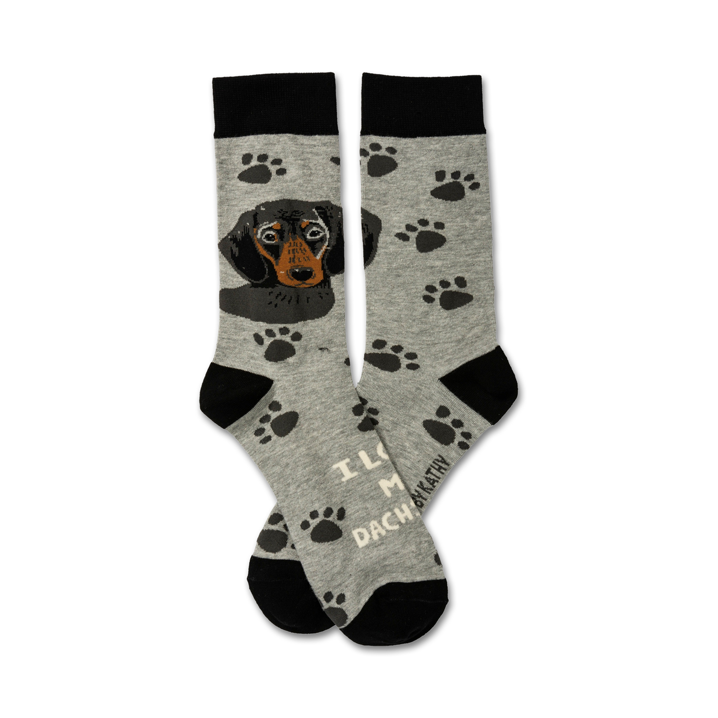 A pair of grey crew socks with black paw prints and a black and tan Dachshund image. Text reads 'I Love My Dachshund'.