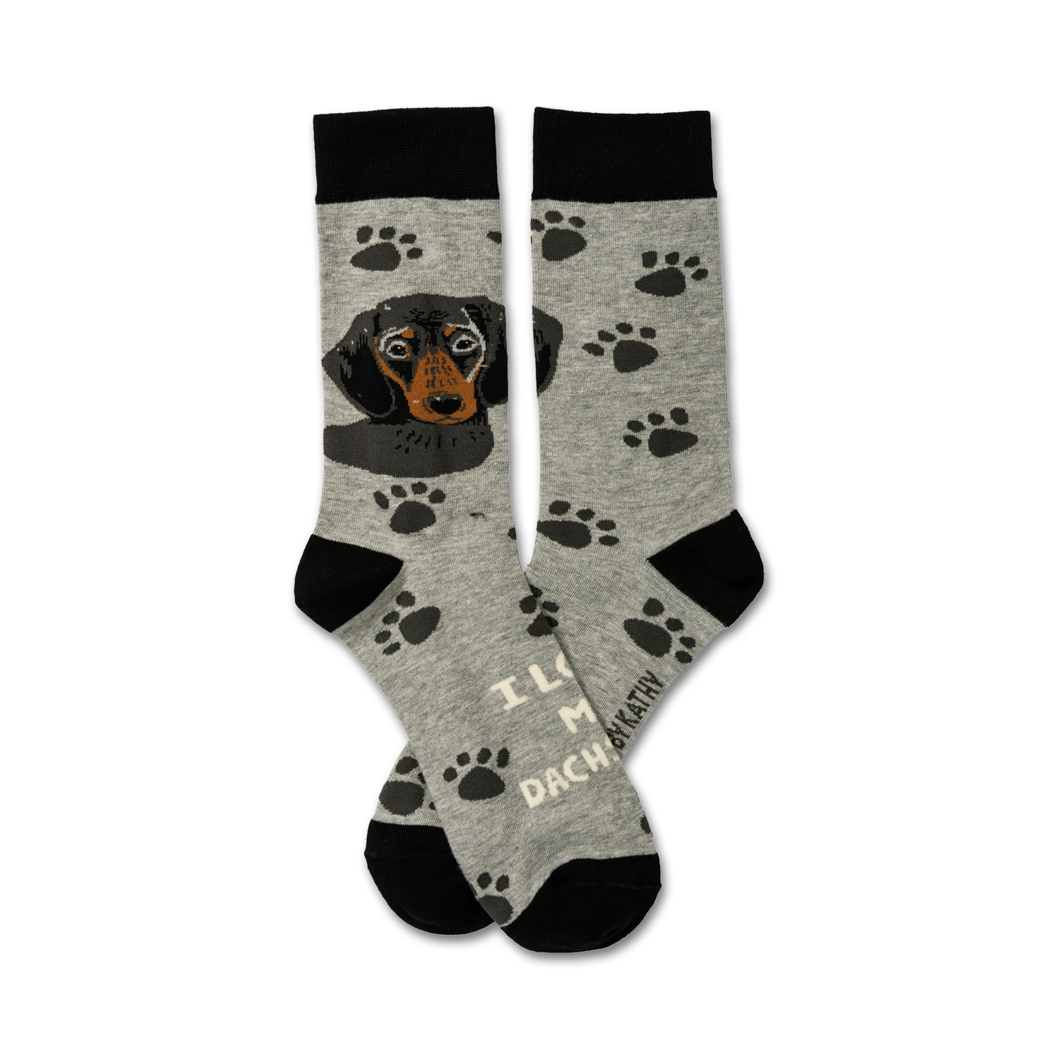 A pair of grey crew socks with black paw prints and a black and tan Dachshund image. Text reads 'I Love My Dachshund'.